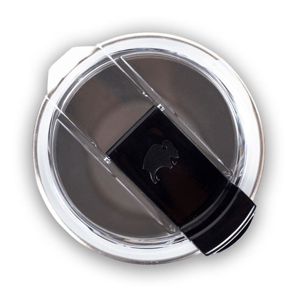 Tumbler lid with a black closure by Iron Flask, showcasing a buffalo logo.