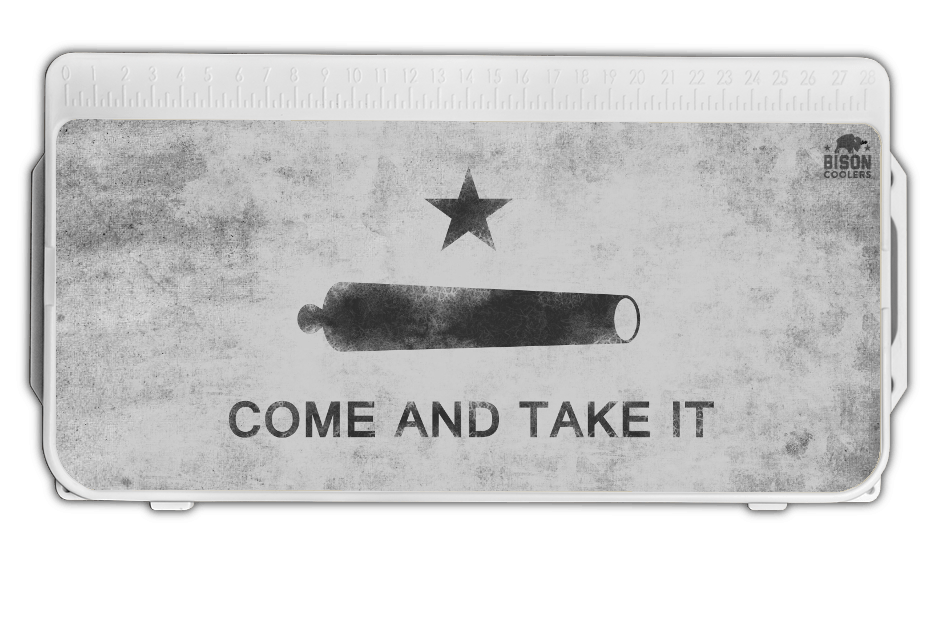 Bison Coolers Accessories - Come and Take It Cooler Lid Graphic. The Gonzales Flag represents the beginning of the Texas Revolution and embodies the spirit of Texas individualism, flying it in the face of those who tried to oppress them. 